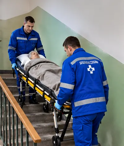 Спуск пациента по лестнице на носилках